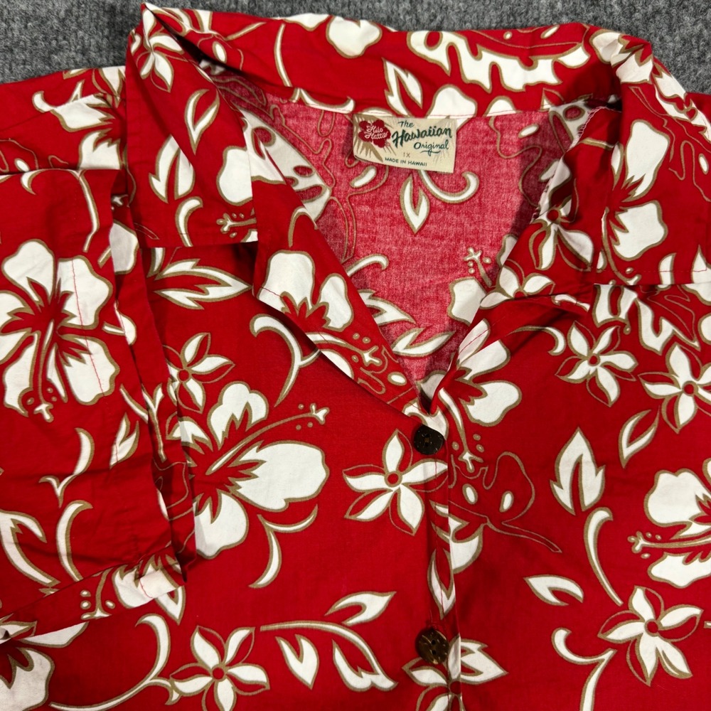 Hilo Hattie Hawaiian Shirt Floral Hibiscus Aloha Women 1X Red Cotton EUC Hawaii